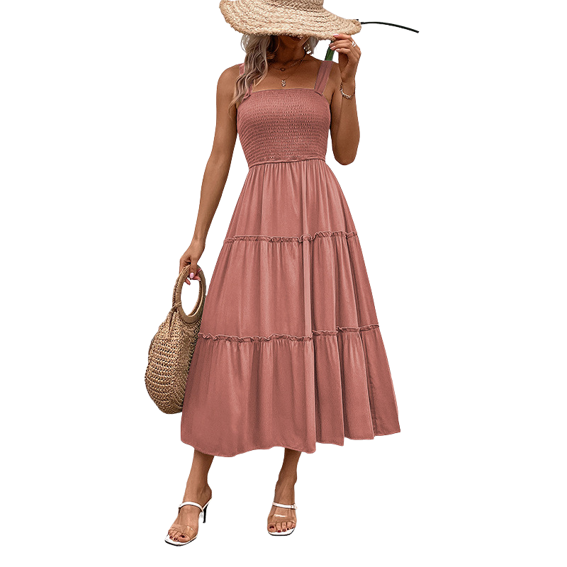 Square Neck Smocked Sleeveless Tiered Midi Dress 14