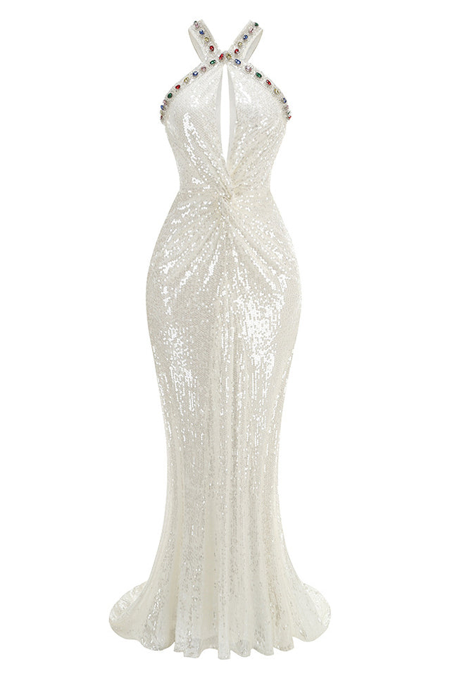 Sequin Halter Neck Jewel Keyhole Cut Out Mermaid Gown - View 7
