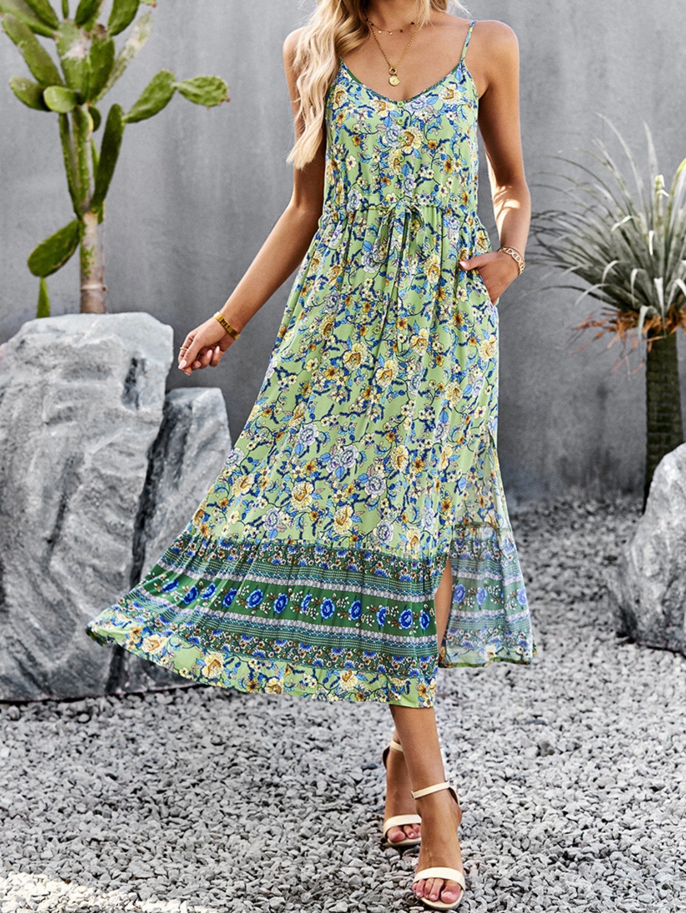 Blue A Line Floral Long Boho Dress With Slit - Fashionpara