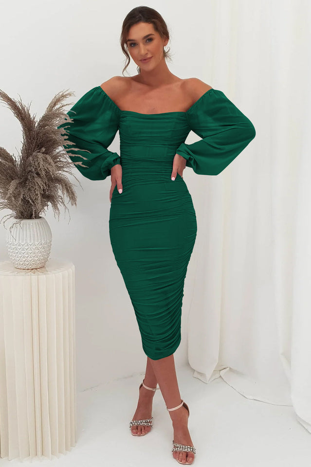 Square Neck Puff Sleeve Ruched Bodycon Midi Dress