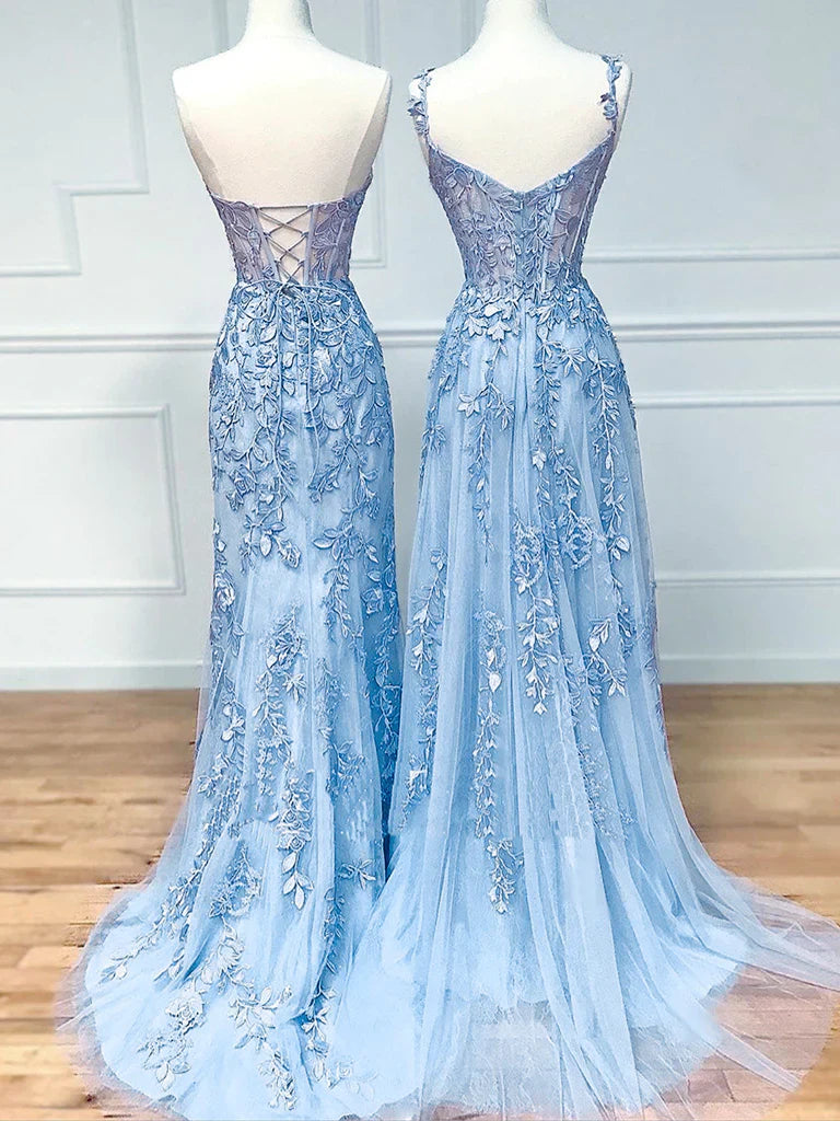 Blue Sweetheart Neck Lace Long Prom Dresses, Blue Lace Graduation Dress - Fashionpara