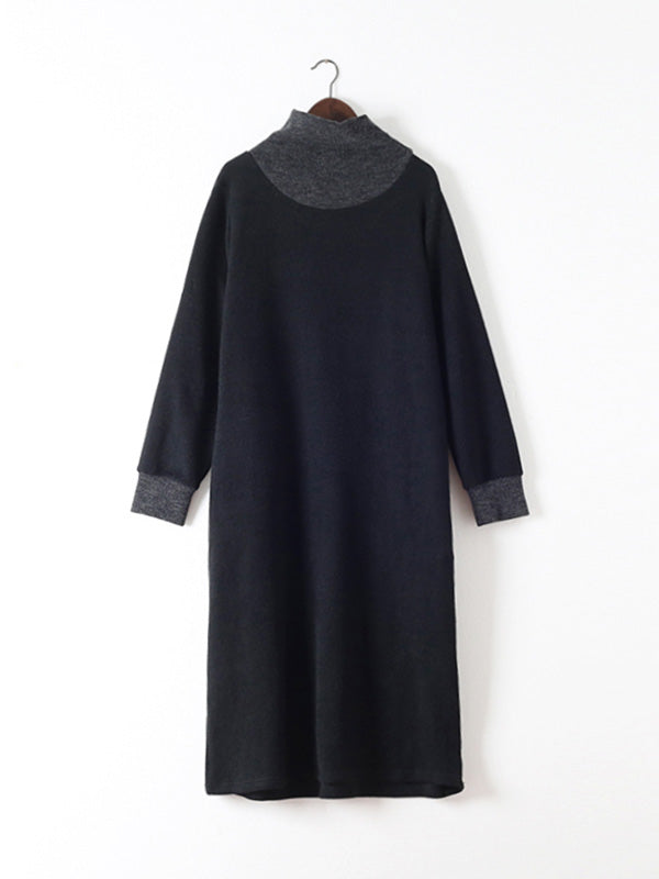 Knit High-Neck Long-Sleeve Loose Sweater Midi Dress 14
