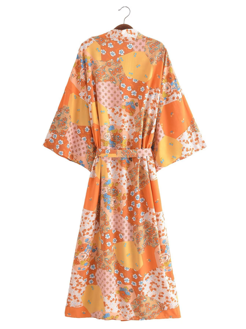 fashionable printing long belt stylish kimono cardigan jacket dress - Fashionpara