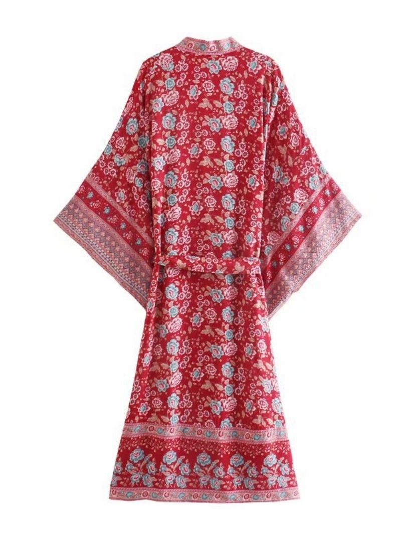 Bridal Wear Cotton Long Length With Floral Print Red Color Gown Robe Kimono Duster Robe 2