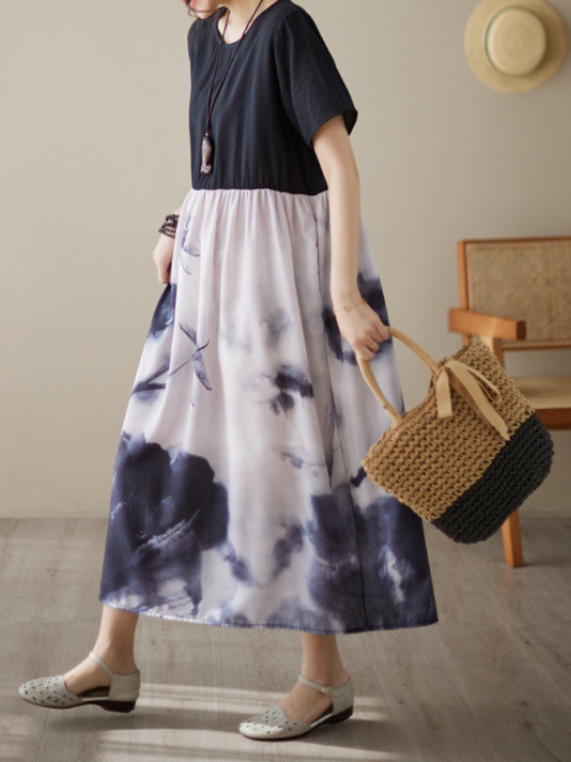 Ink-Wash Print Round Neck Short-Sleeve Pleated Midi Dress 3