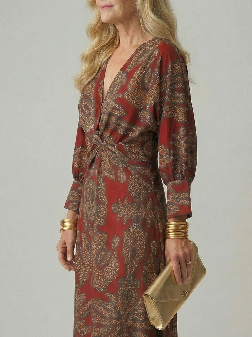 V-Neck Twist Front Long Sleeve Midi Dress 11