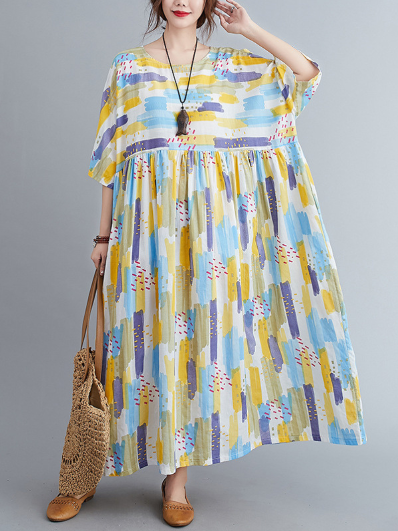 Abstract Print Round Neck Short Sleeve Smock Maxi Dress 7