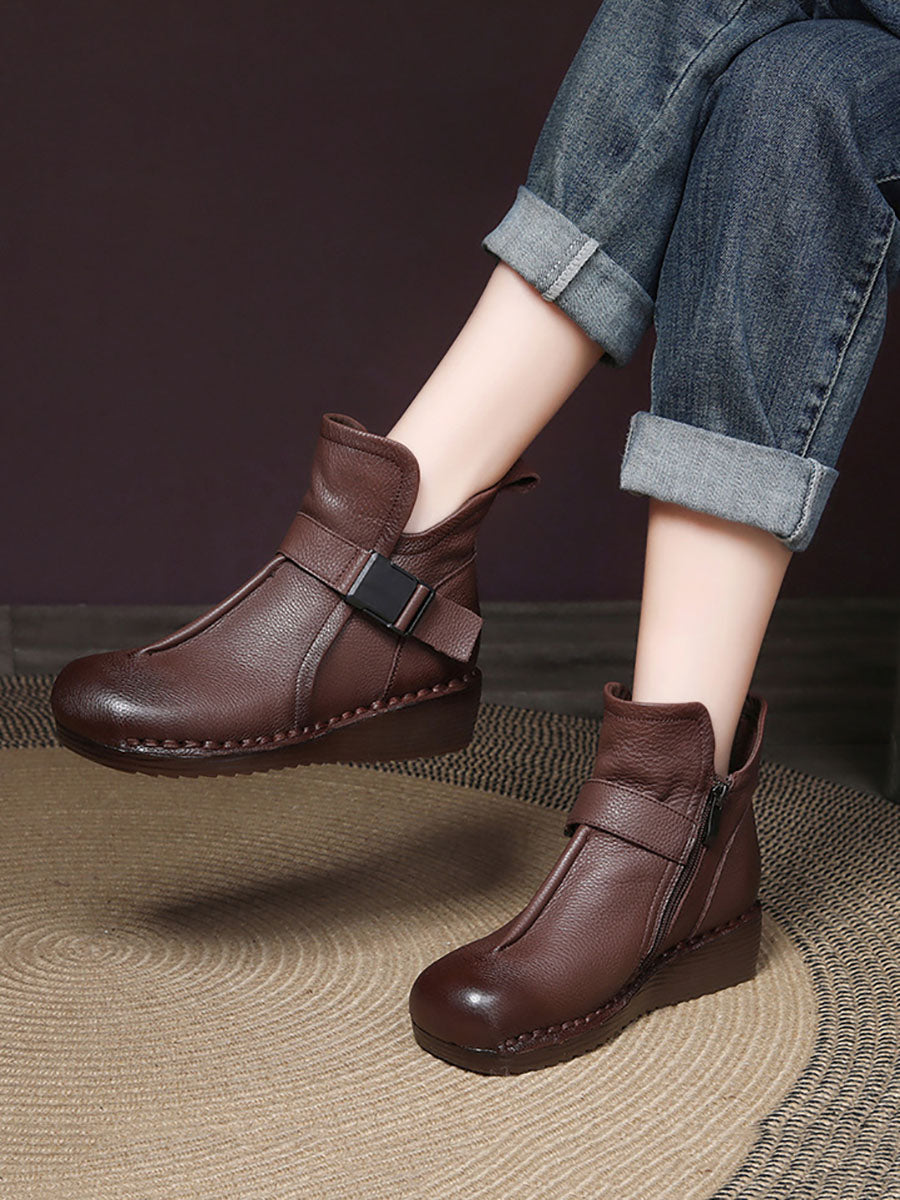 Retro Leather Spliced Mid Heel Ankle Boots
