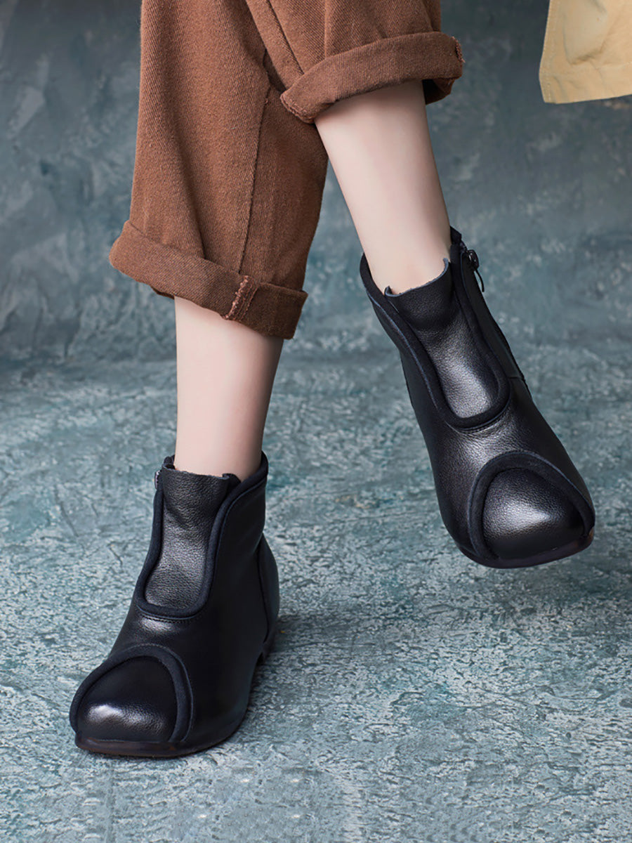 Genuine Leather Spliced Solid Low Heel Ankle Boots