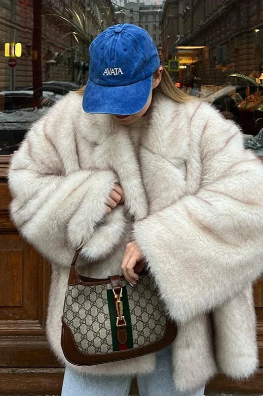 Fluffy Tip-Dyed Faux Fox Fur Thick Loose Winter Coat