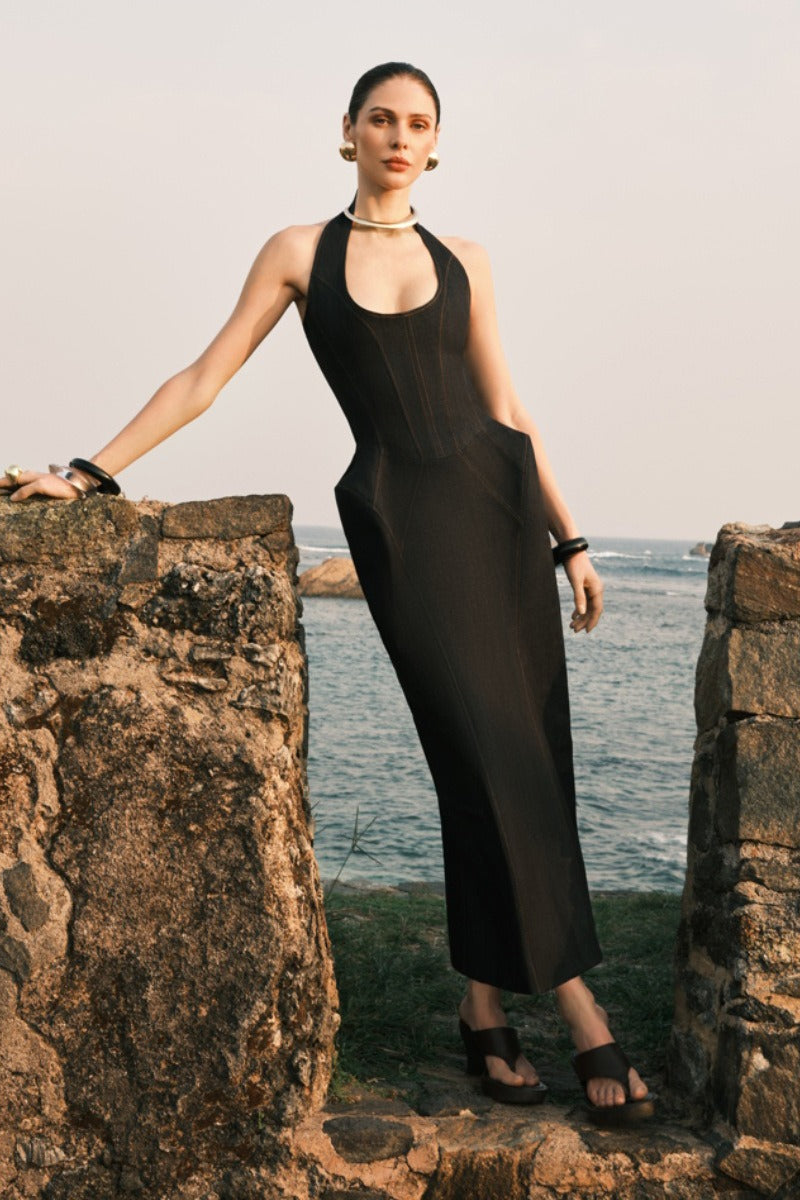 Denim Halter-Neck Backless Column Maxi Dress