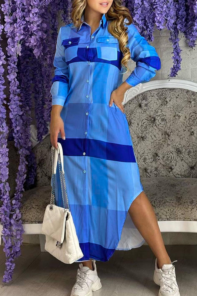 Casual Striped Print Patchwork Buckle Turndown Collar Shirt Dress Dresses  Fashionpara