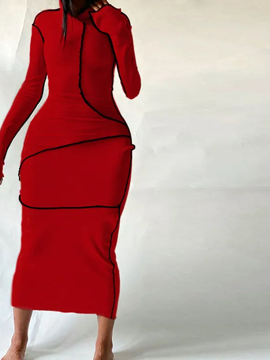 Patchwork Hoodie Slit Midi Dress - Fashionpara