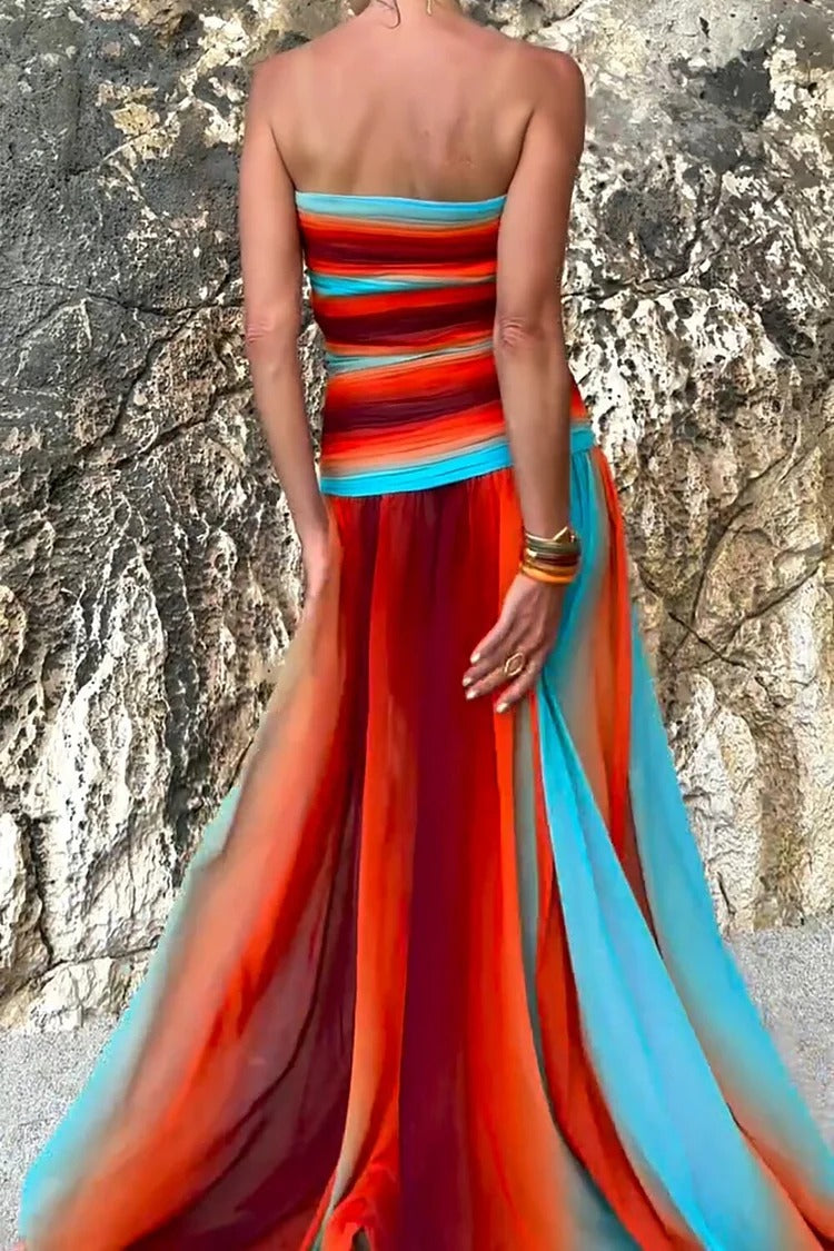 Sardinia Sunset Mesh Printed Twist Cutout Off Shoulder Vacation Maxi Dress - Fashionpara