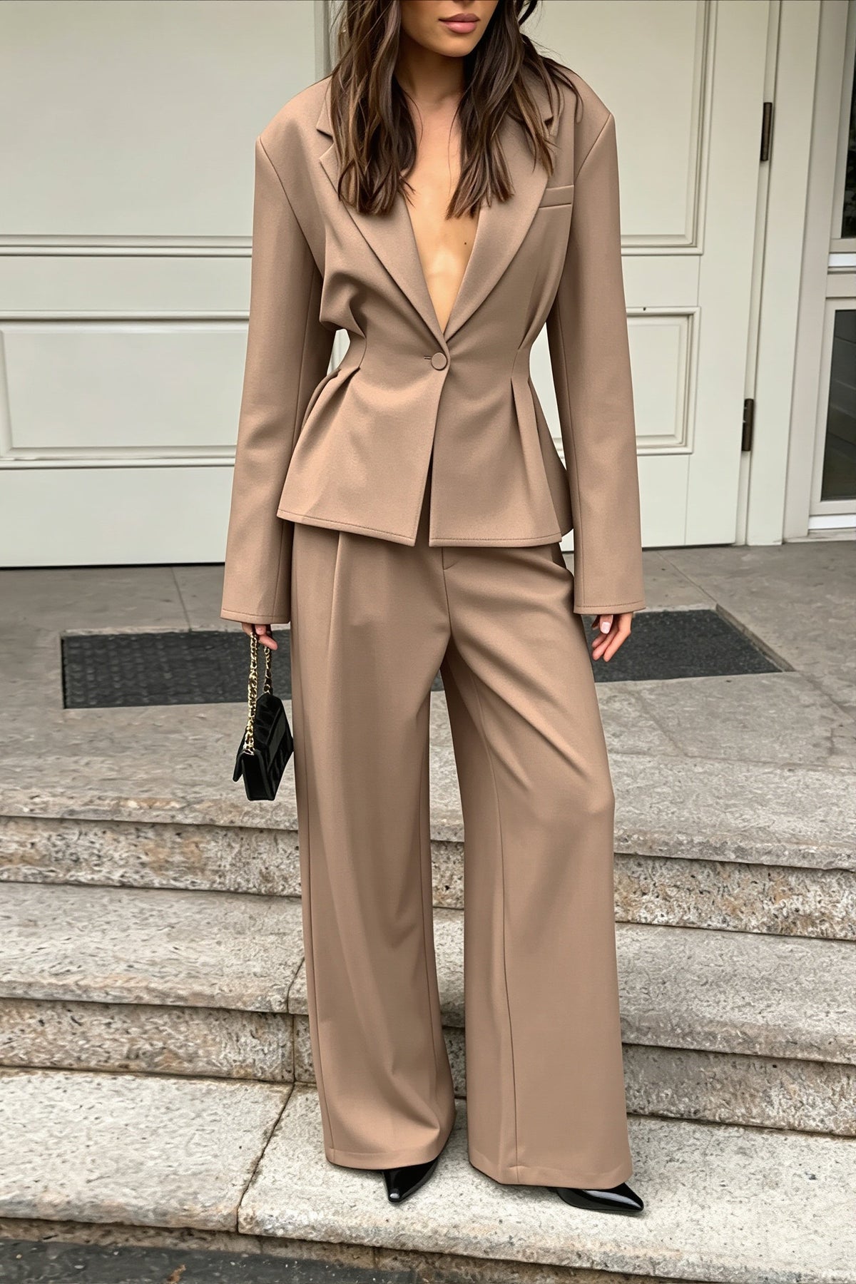 Fitted Waist Blazer and Wide Leg Pants Set