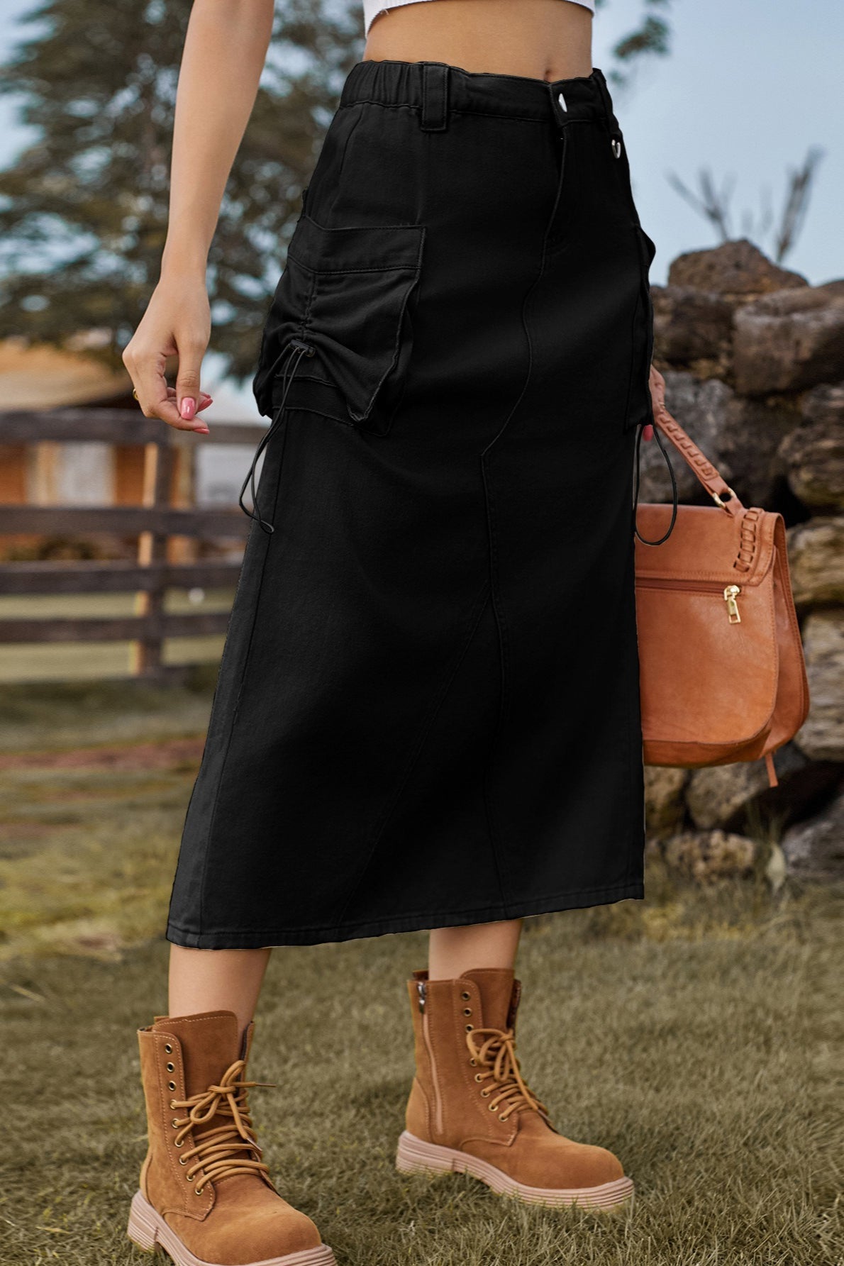 Vintage High-Waist Denim Cargo Midi Skirt