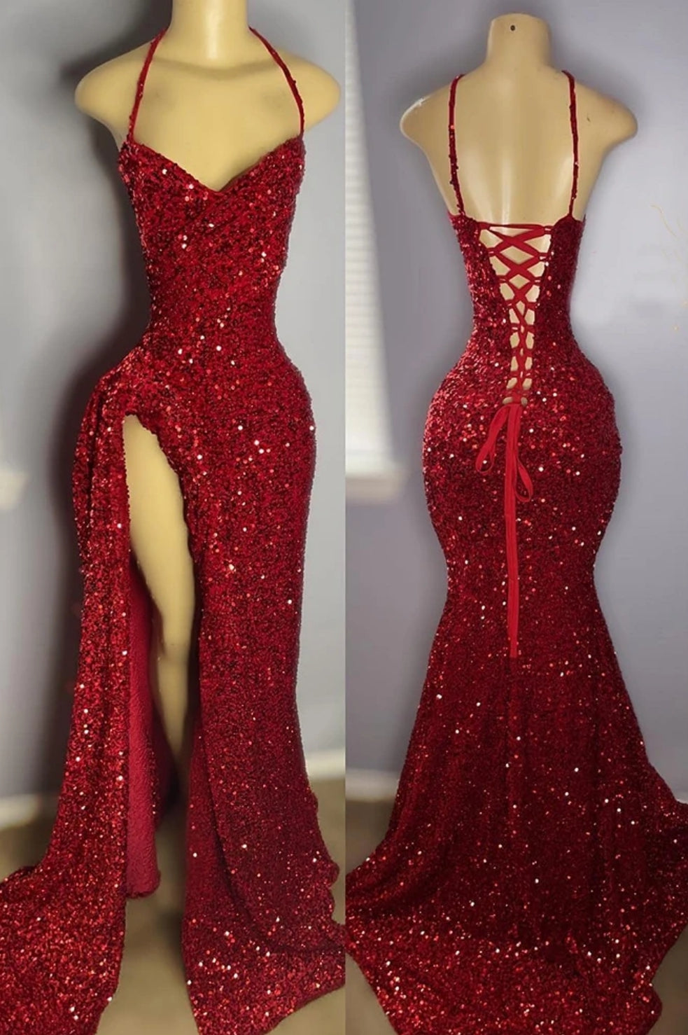 Glamorous Halter Burgundy High Split Floor Length Prom Party Dresses - Fashionpara