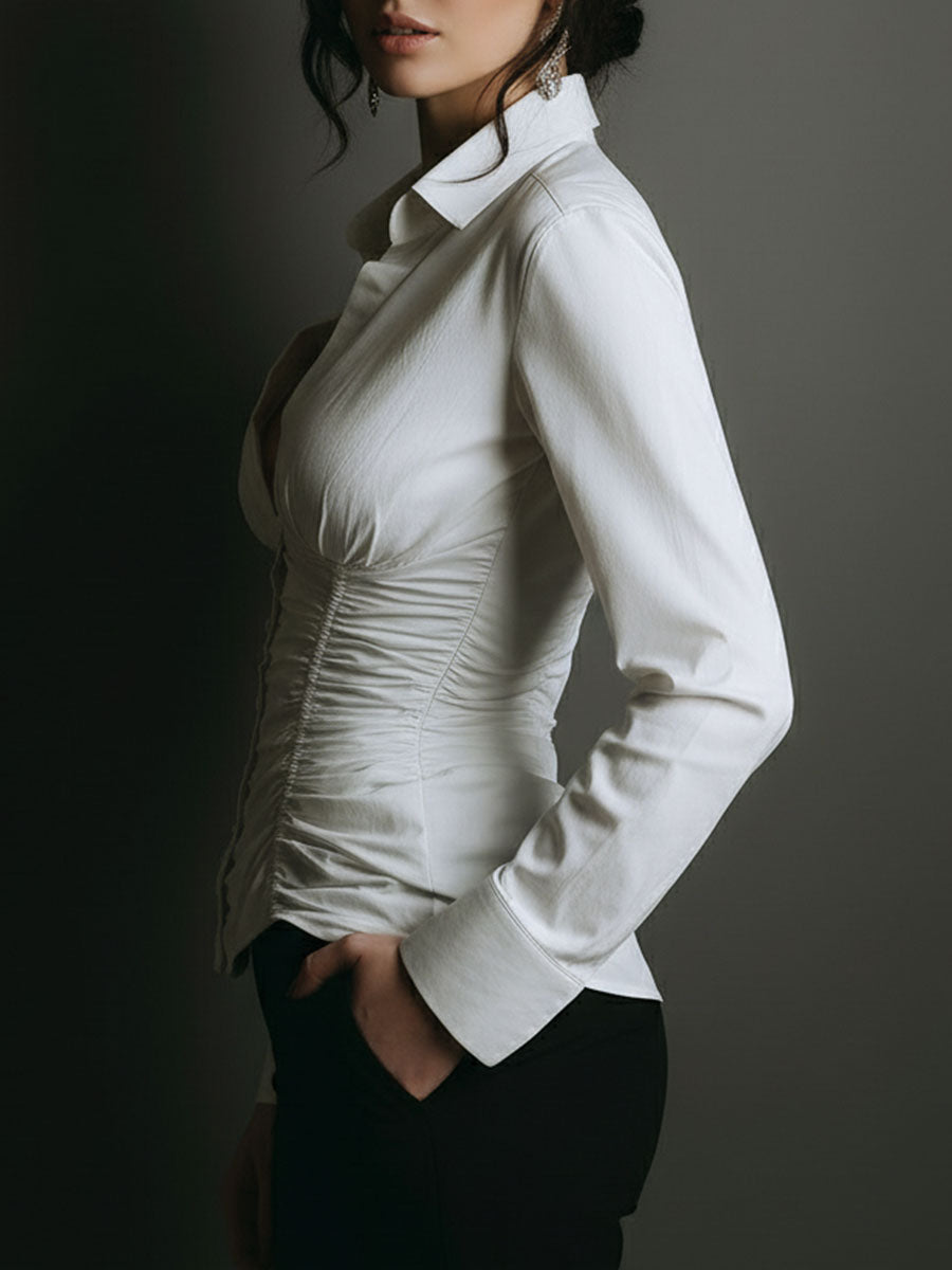 Chic White Ruched Button-Down Corset Blouse