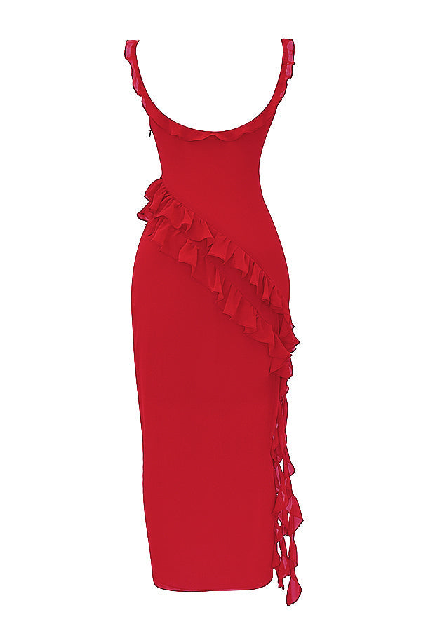 Square Neck Ruffle Strap High Split Asymmetrical Cascade Maxi Dress 69