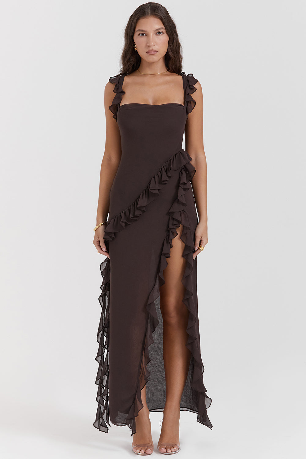 Square Neck Ruffle Strap High Split Asymmetrical Cascade Maxi Dress 39