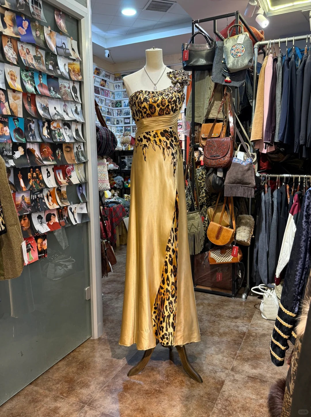Wild Gold-Brown Leopard Print One-Shoulder Satin Long Prom Dress Evening Dress P4150