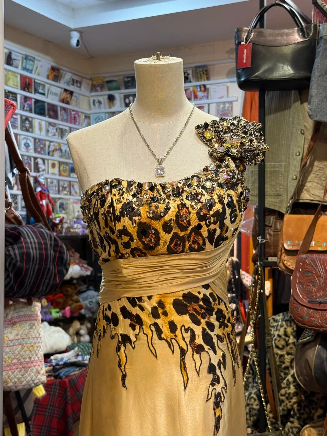 Wild Gold-Brown Leopard Print One-Shoulder Satin Long Prom Dress Evening Dress P4150