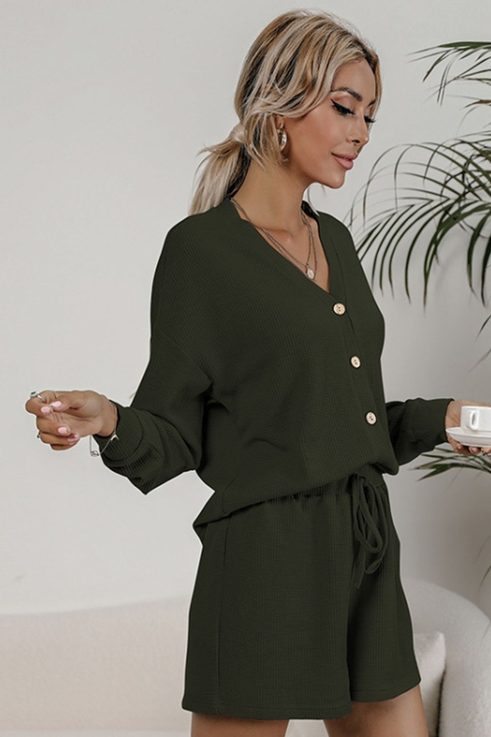 Waffle Knit Two-Piece Cardigan and Shorts Set for Stylish Comfort