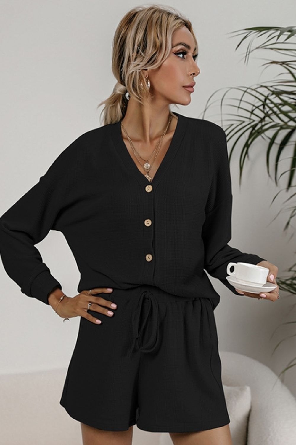 Waffle Knit Two-Piece Cardigan and Shorts Set for Stylish Comfort