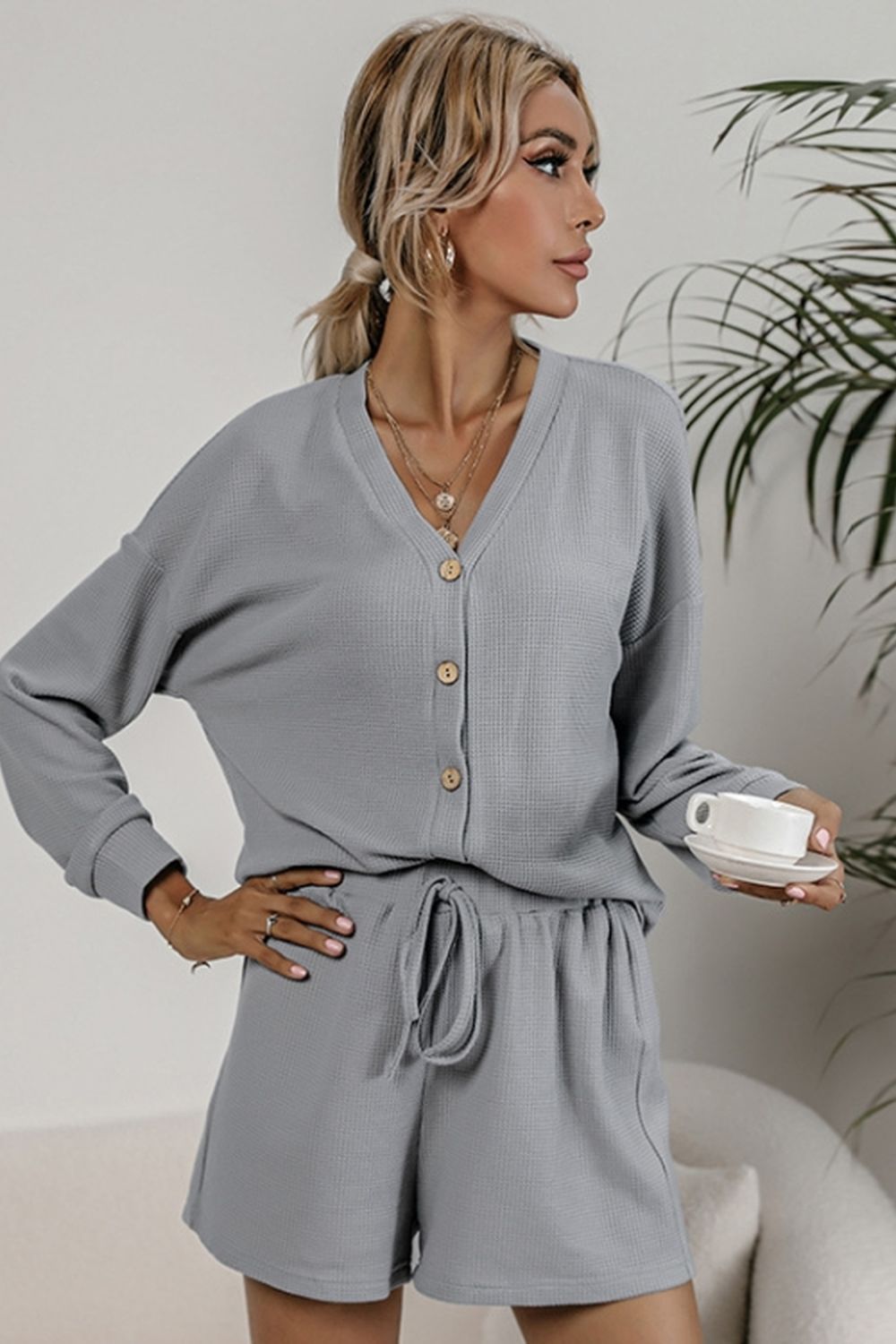 Waffle Knit Two-Piece Cardigan and Shorts Set for Stylish Comfort