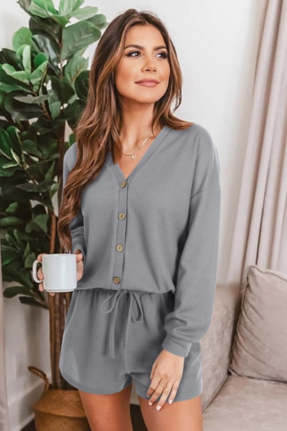 Waffle Knit Two-Piece Cardigan and Shorts Set for Stylish Comfort