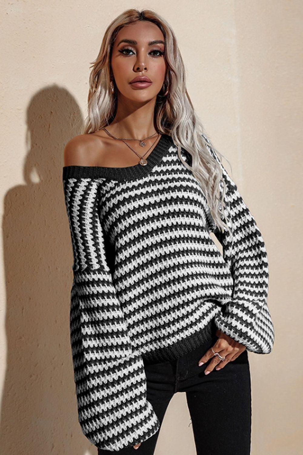 RadyRin V-Neck Loose Knit Sweater for Effortless Style