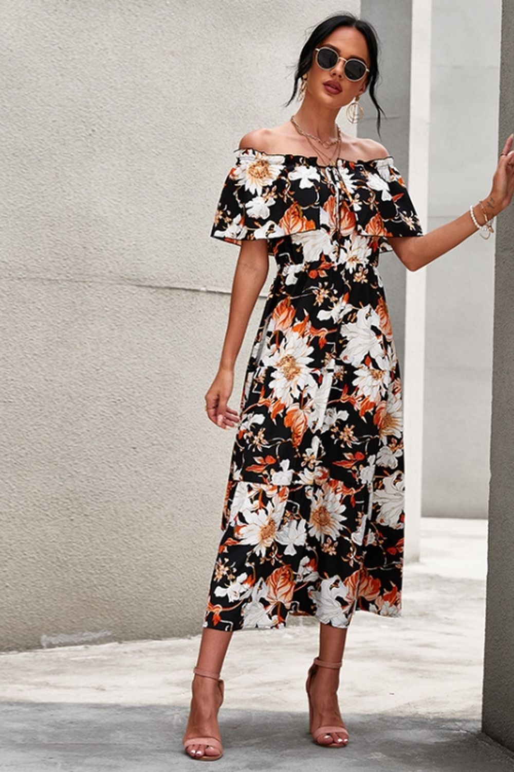 Off-Shoulder Floral Print Dress - Fashionpara