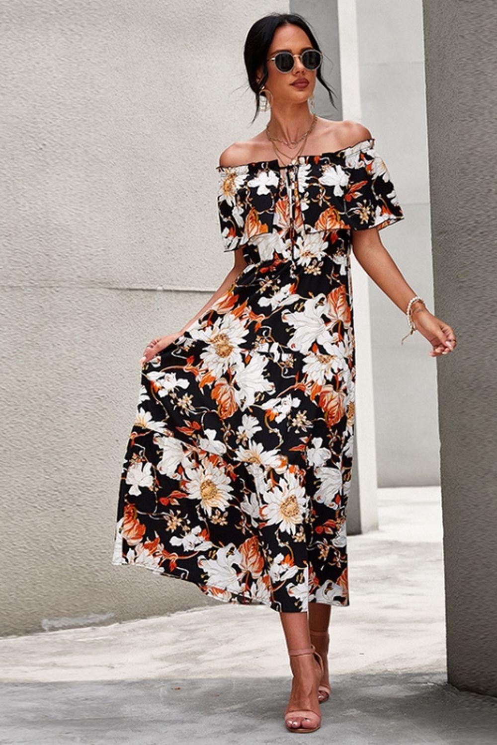 Off-Shoulder Floral Print Dress - Fashionpara