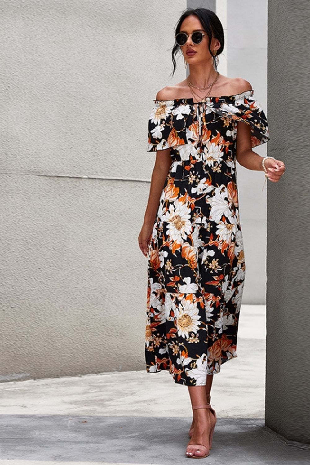 Off-Shoulder Floral Print Dress - Fashionpara