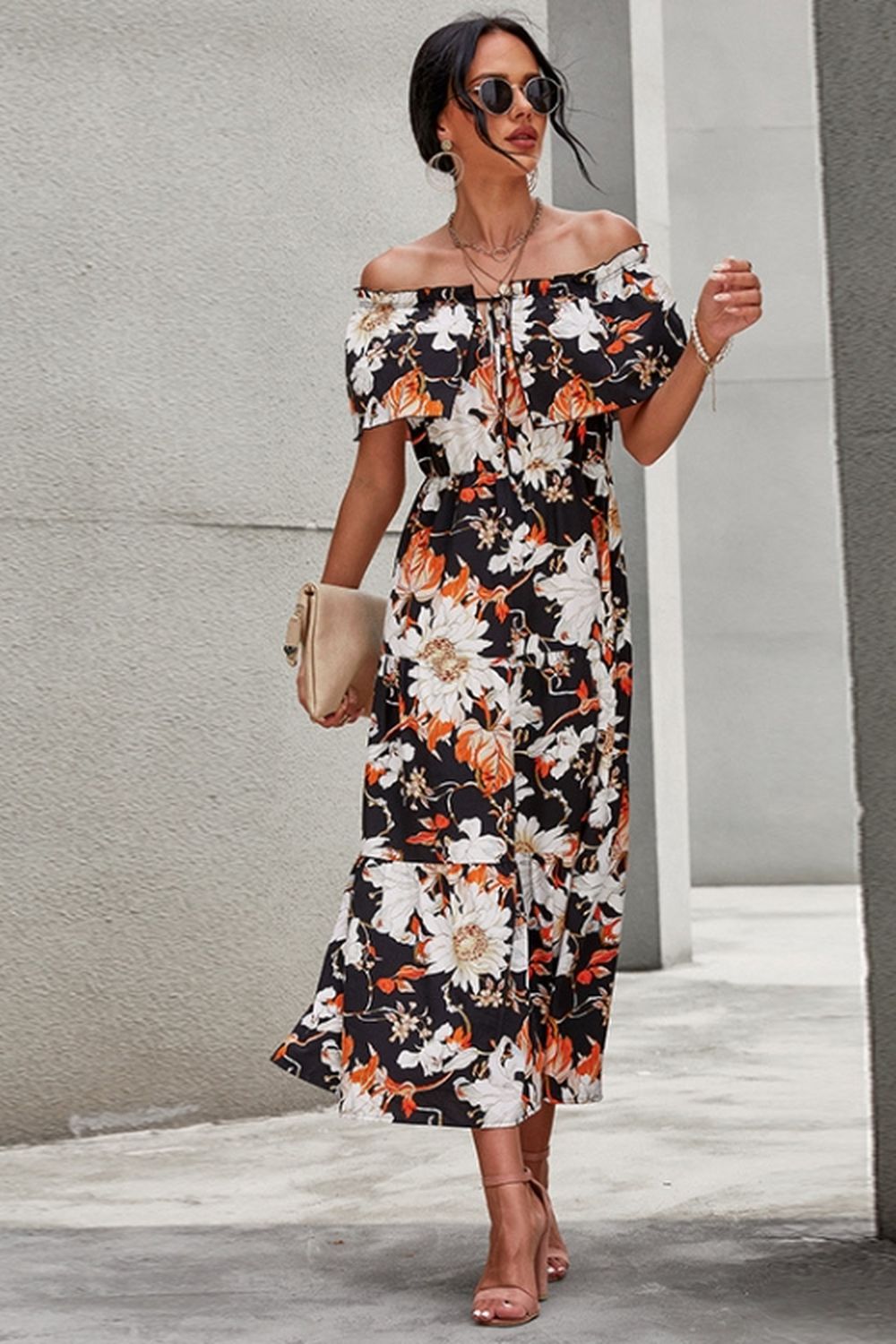 Off-Shoulder Floral Print Dress - Fashionpara