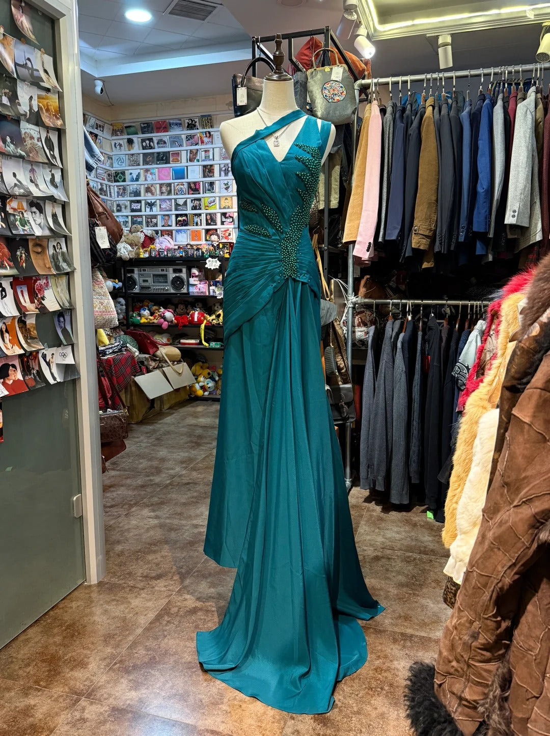 Elegant Peacock Green One-Shoulder Pearl Ribbon Satin Long Prom Dress Evening Gown P4151