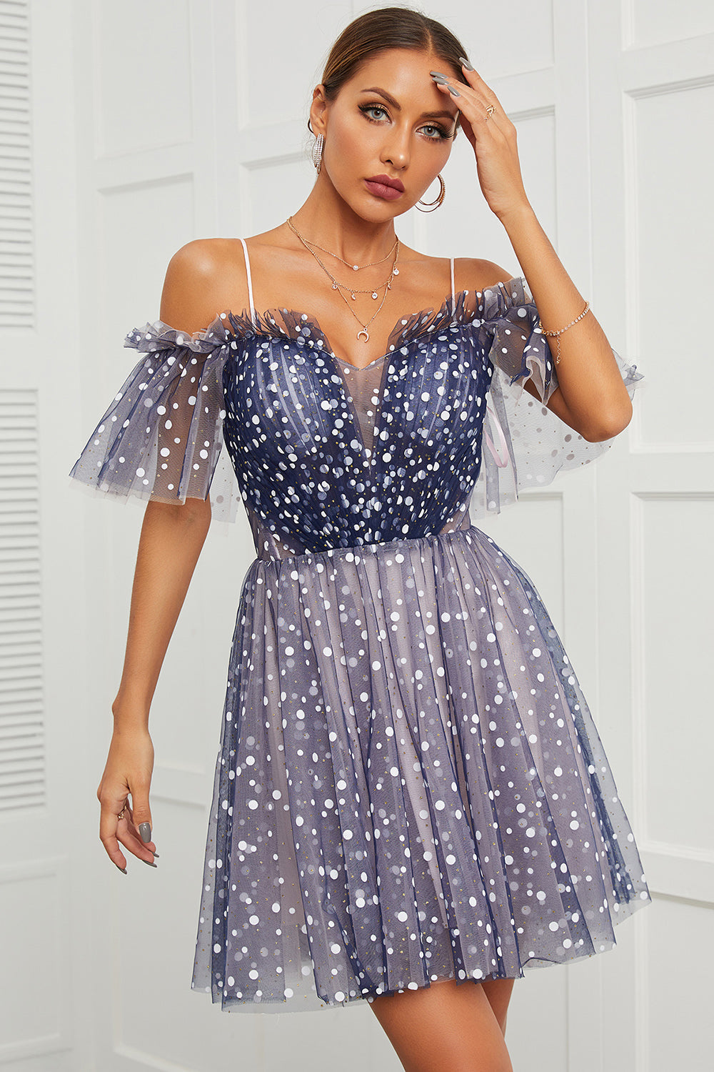 Cute Navy A Line Polka Dots Off Shoulder Homecoming Dress - Fashionpara