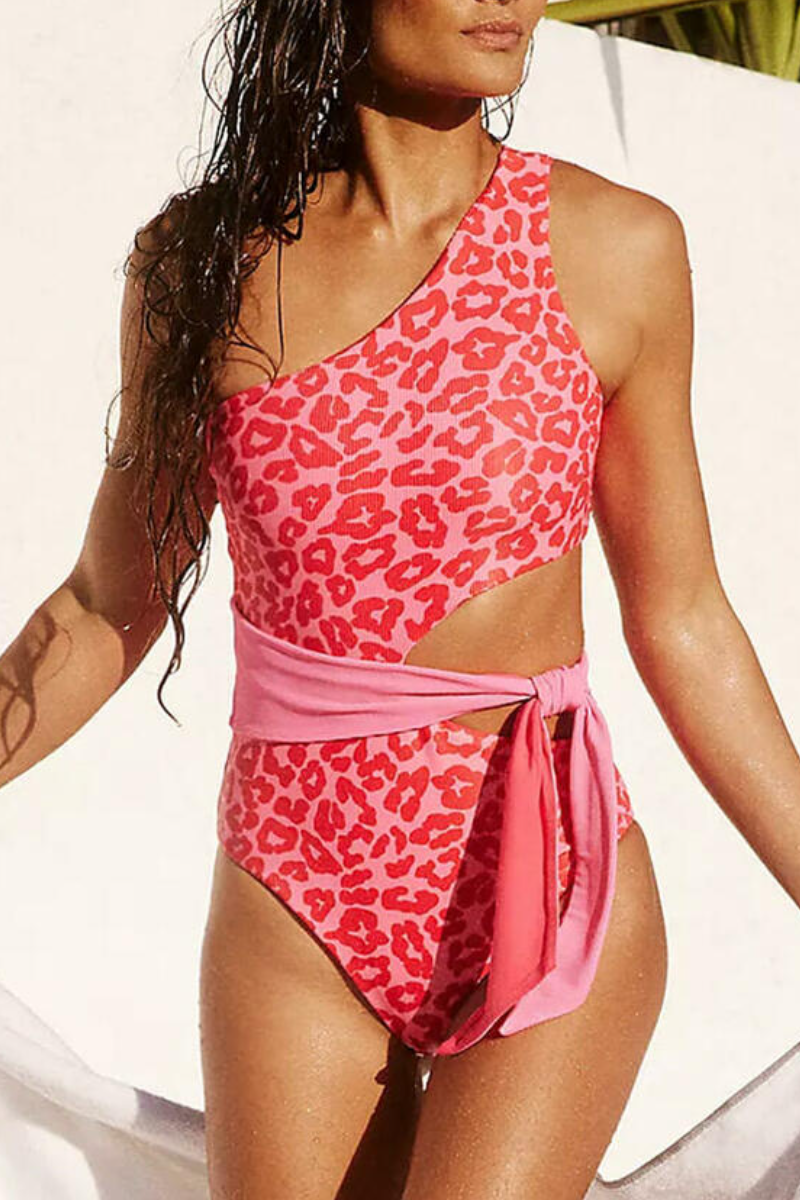 Sweet Leopard Printed Cutout One Shoulder One-piece Swimsuit - Fashionpara