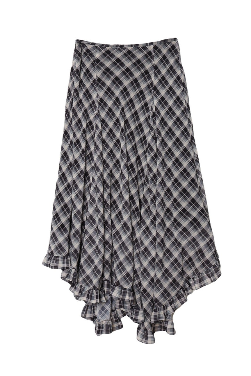 Plaid Asymmetric Ruffle Midi Skirt