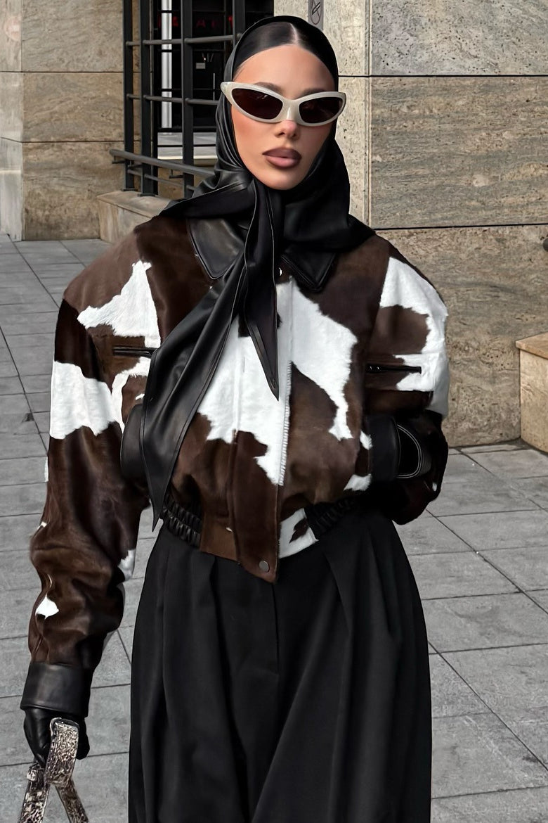 Cow Print Faux Leather Notch Collar Coat for Chic Style