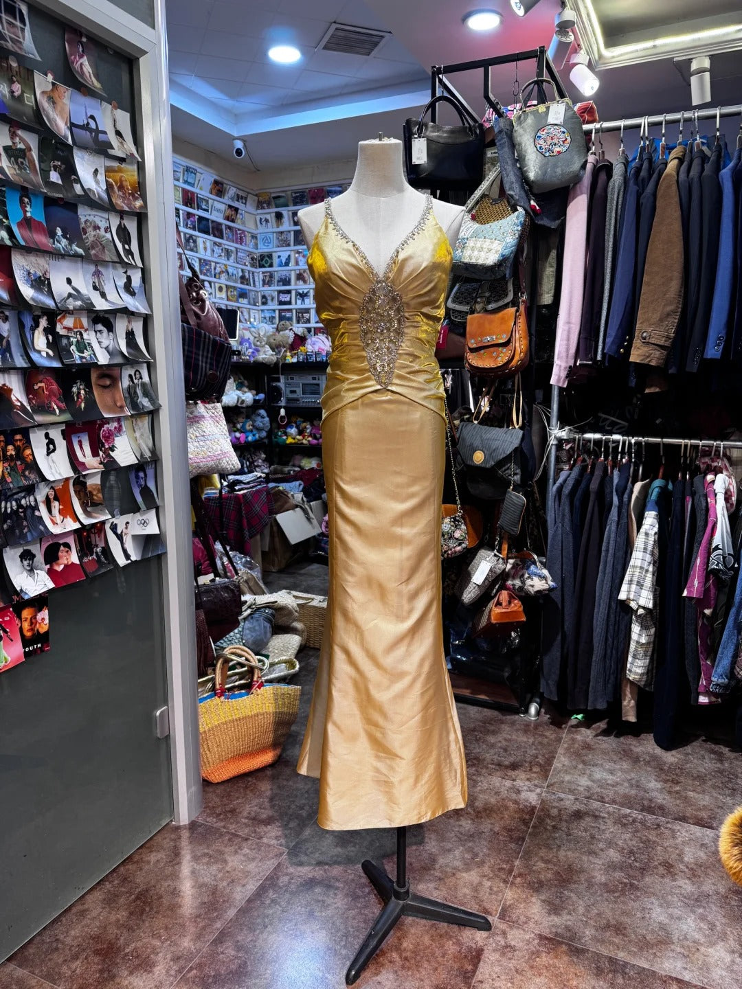 Vintage Gold Mermaid V-neck Sequined Satin Long Prom Dress Evening Dress P4153