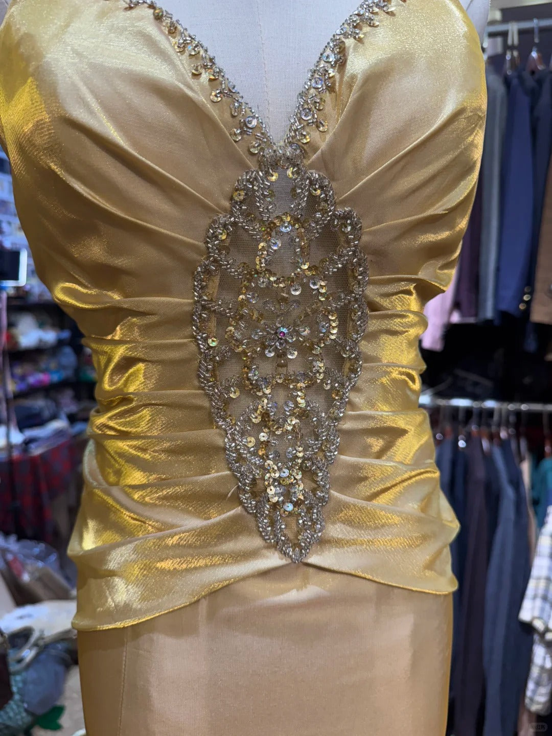 Vintage Gold Mermaid V-neck Sequined Satin Long Prom Dress Evening Dress P4153