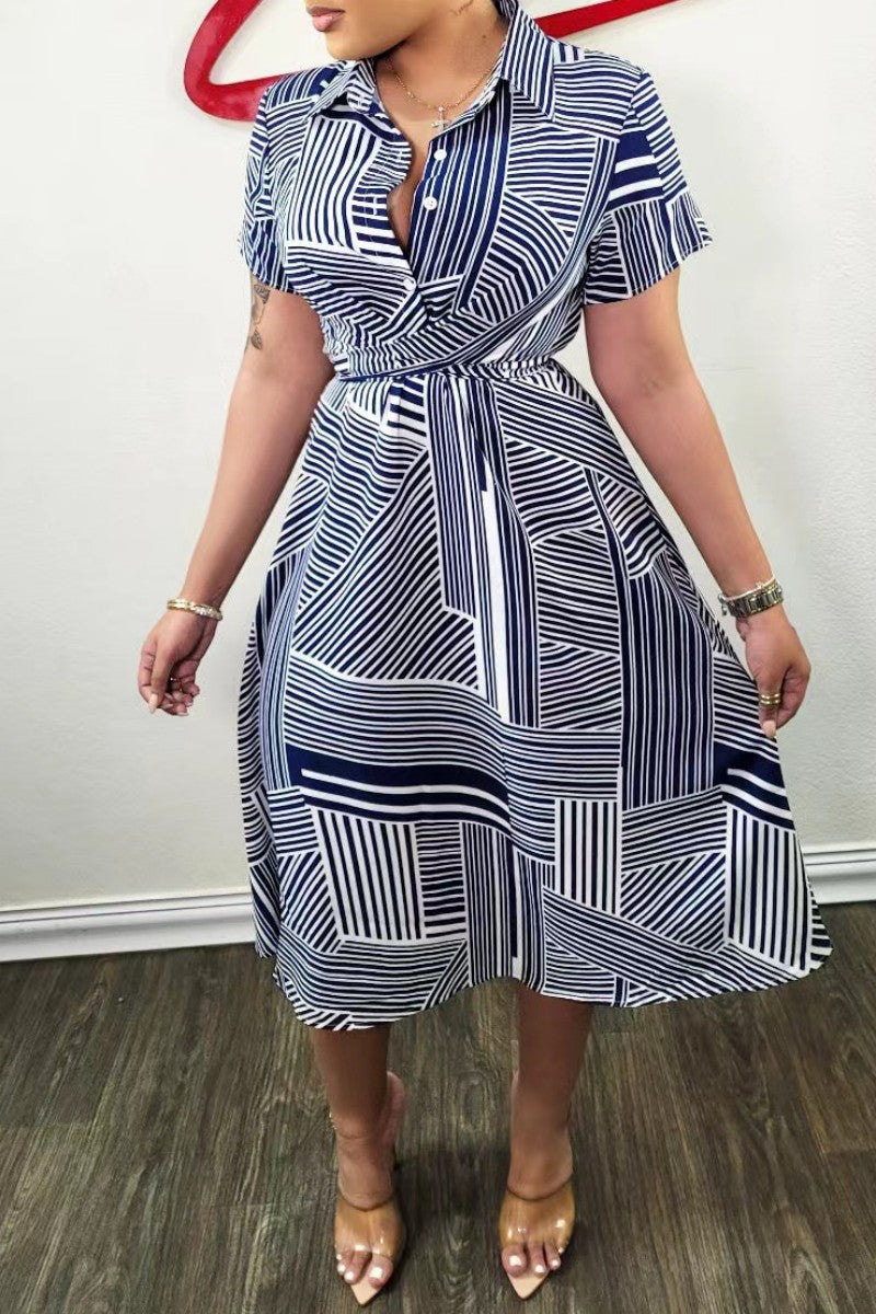 Casual Print Patchwork Turndown Collar Short Sleeve Dress  Fashionpara