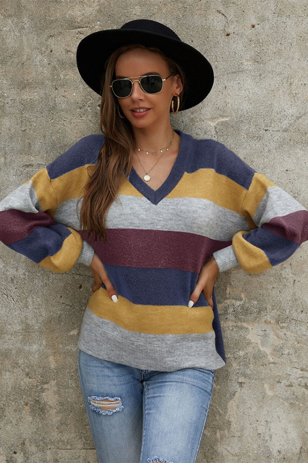 RadyRin Long Sleeve Contrast Patchwork Sweater for Elegance