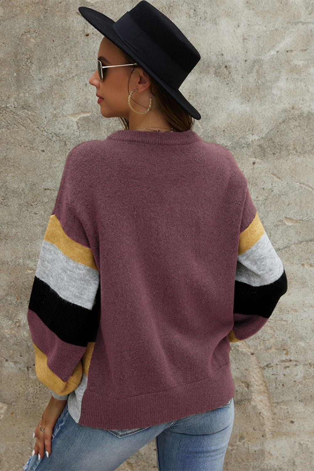 RadyRin Long Sleeve Contrast Patchwork Sweater for Elegance