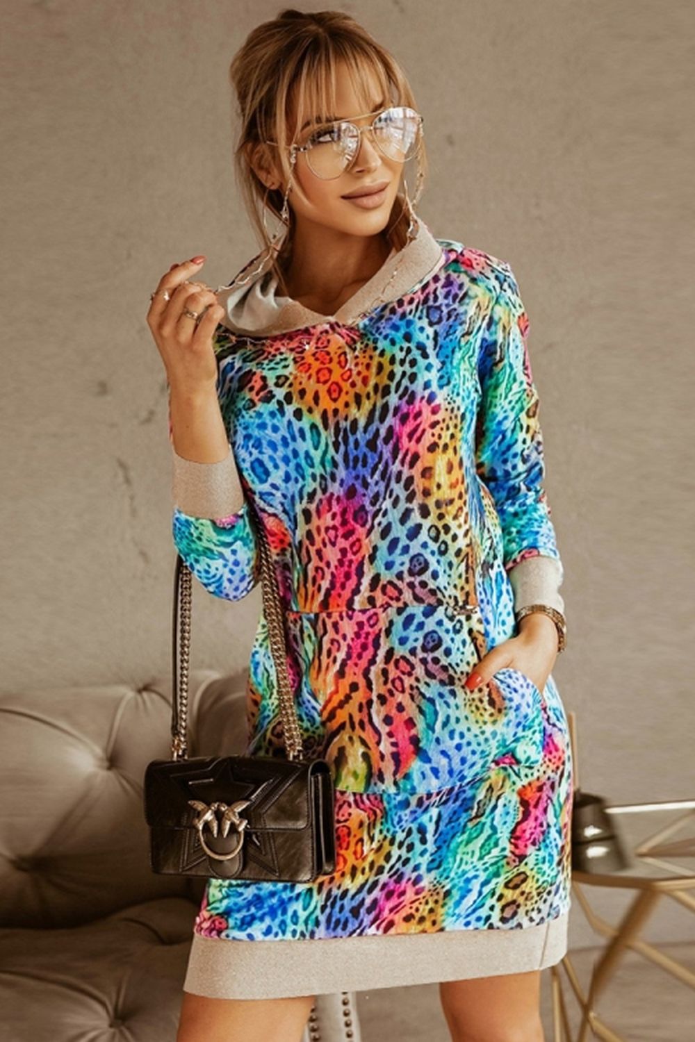 Loose Hooded Print Contrast Dress