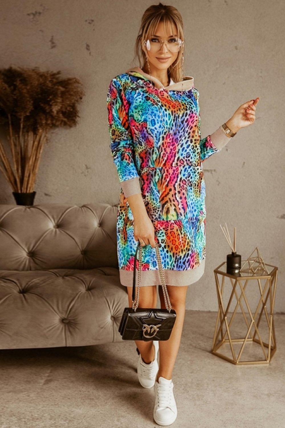 Loose Hooded Print Contrast Dress