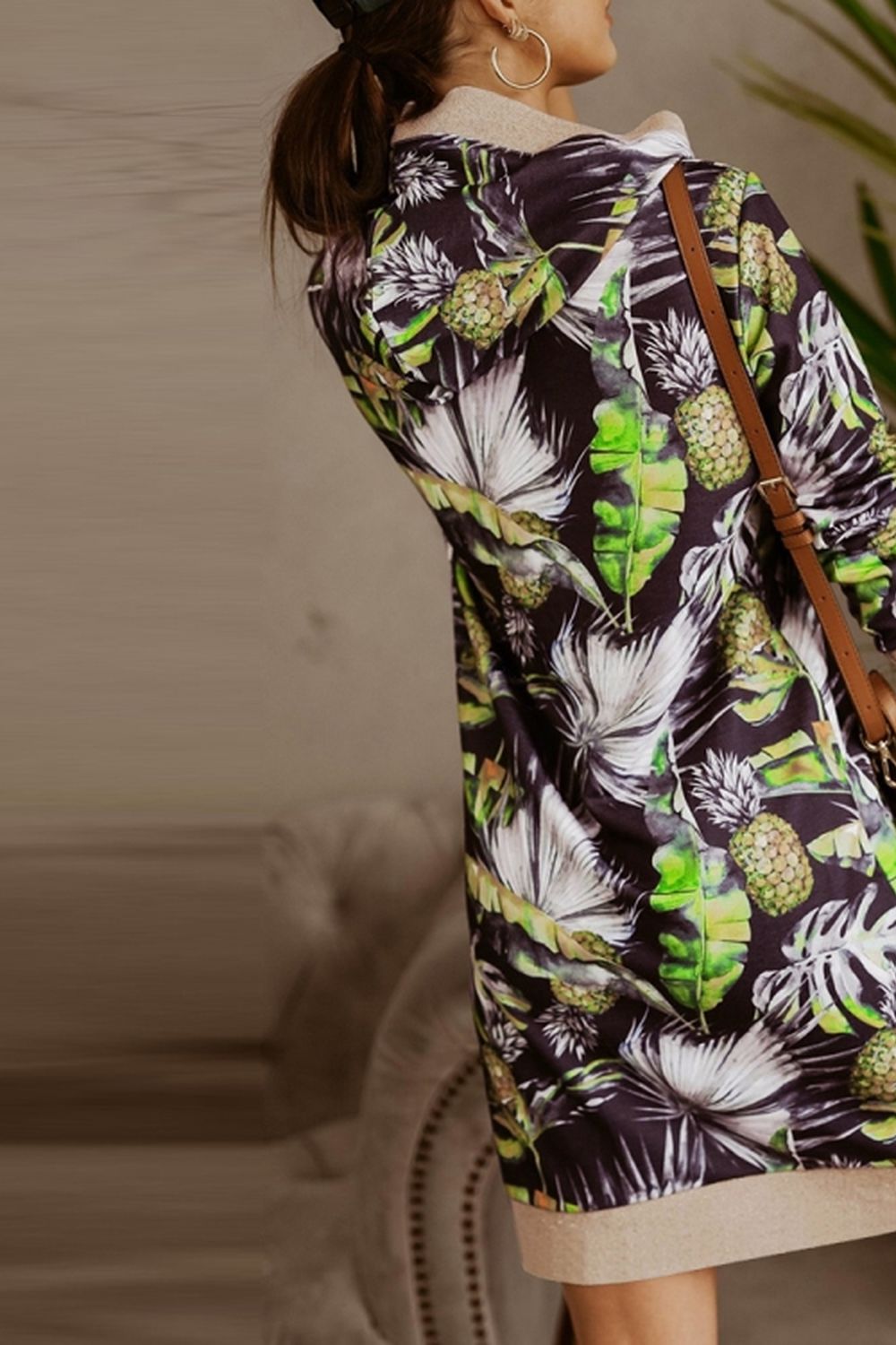 Loose Hooded Print Contrast Dress