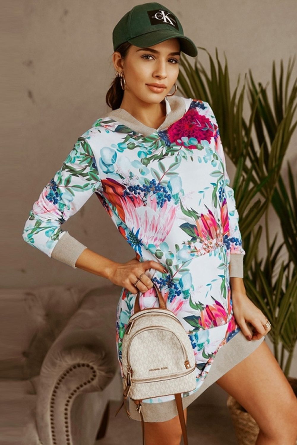 Loose Hooded Print Contrast Dress