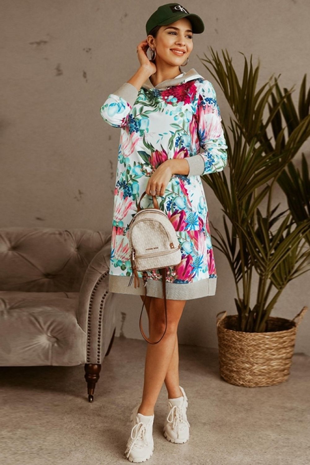 Loose Hooded Print Contrast Dress